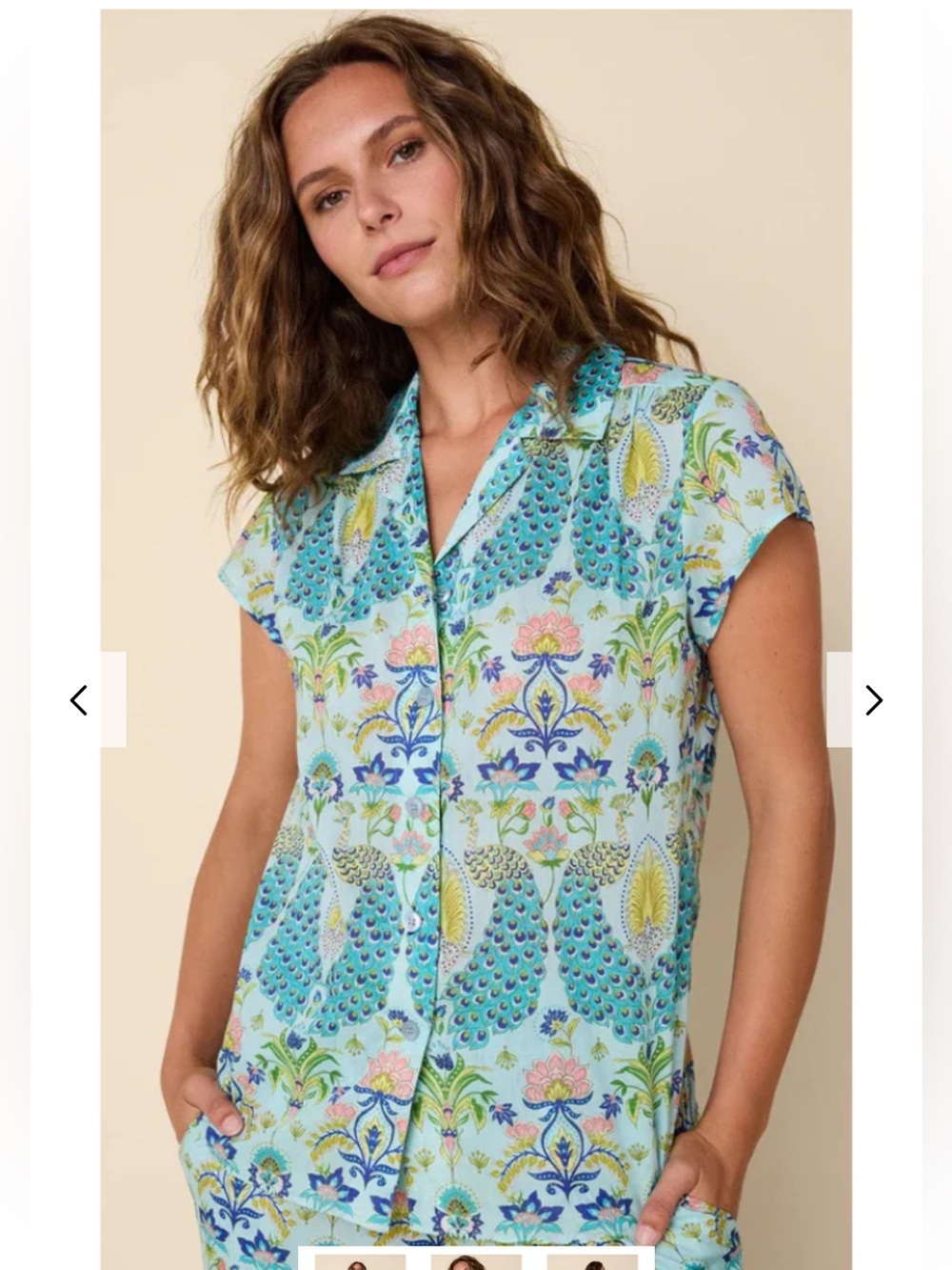 The Cat's Pajamas Peacock Voile 100% Cotton Short Sleeve Women’s Large- TOP ONLY